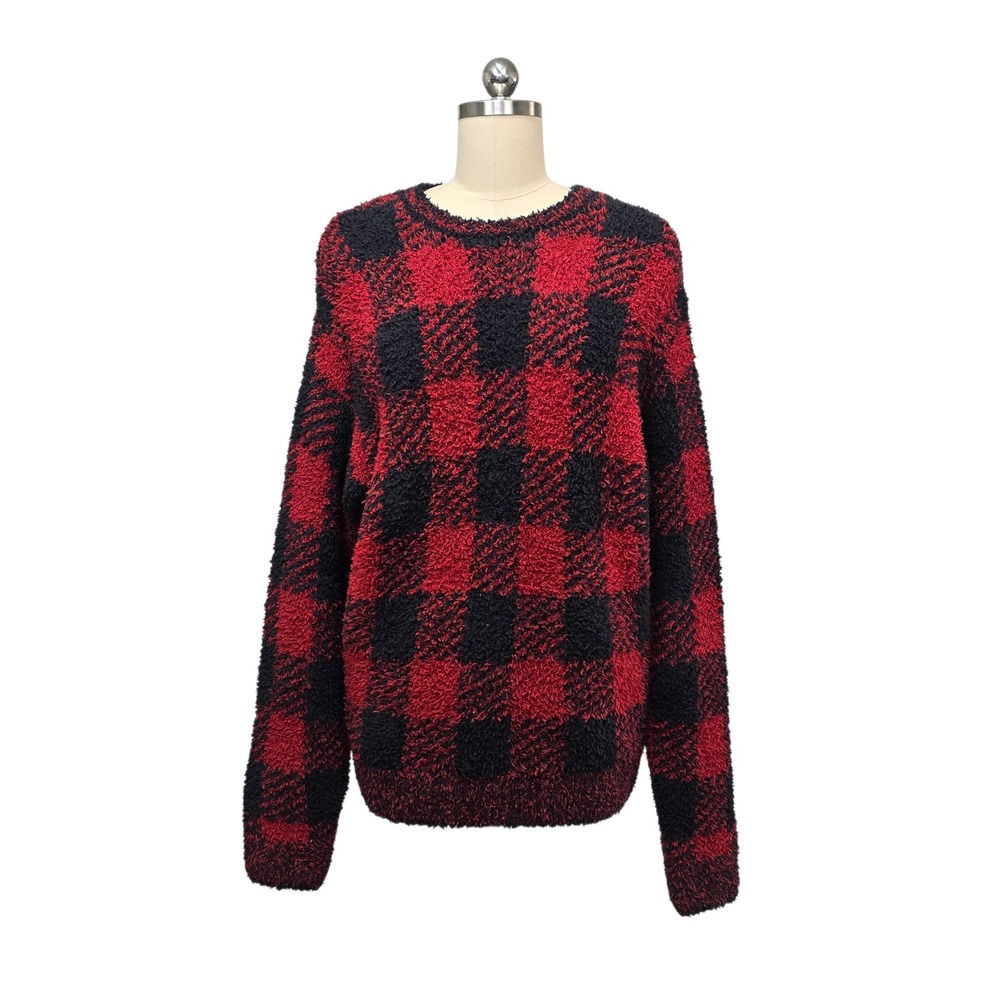 SKIMS Cozy Buffalo Plaid Fuzzy Knit Sweater Red‎ Black Size S/M
